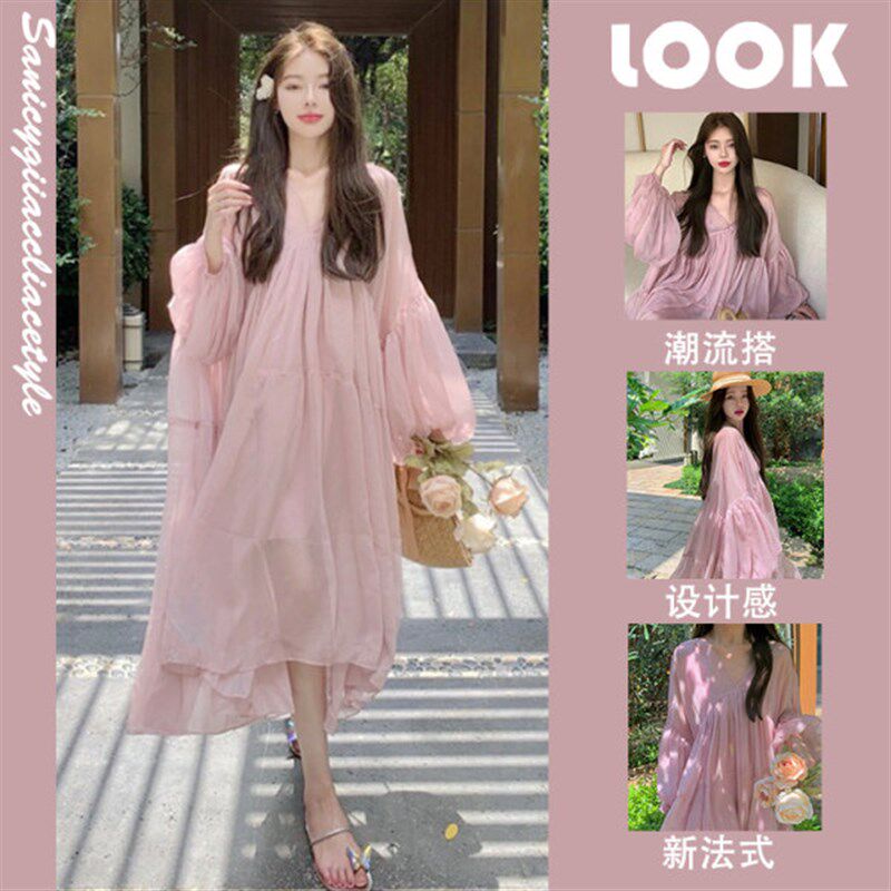 孕妇连衣裙春装套装时尚款2023春秋新款高品质雪纺吊带裙子两件套