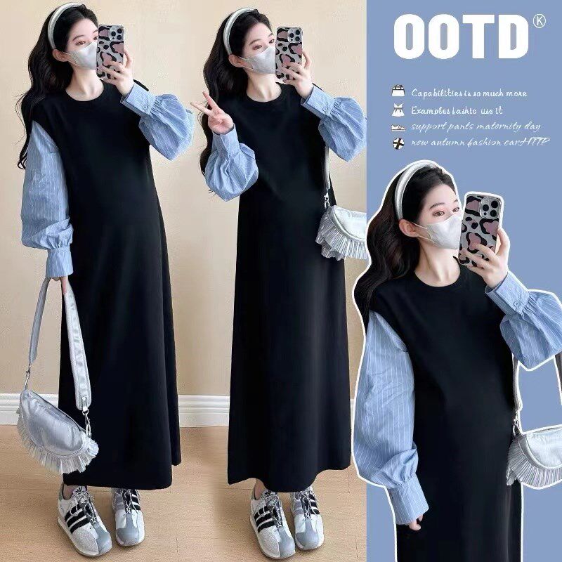 孕妇装秋装2024新款拼接假两件连衣裙孕妈高级感穿搭秋冬季两件套