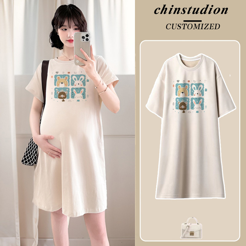 孕妇夏季连衣裙韩版孕妇装小个子短袖印花大码纯棉T恤夏天裙子女