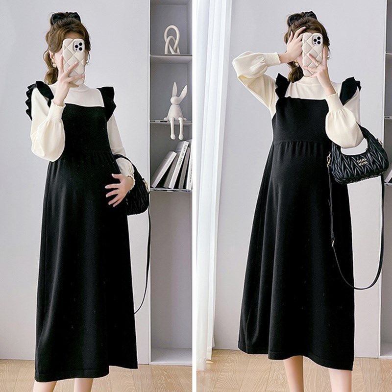 孕妇装秋冬装假两件长袖针织连衣裙宽松大码显瘦裙子秋冬孕妇裙冬