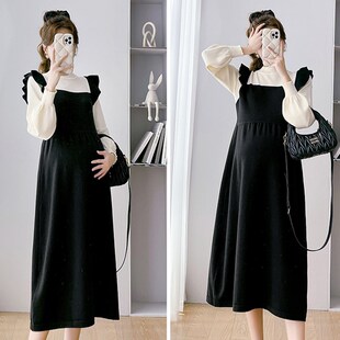 孕妇装秋冬装假两件长袖针织连衣裙宽松大码显瘦裙子秋冬孕妇裙冬