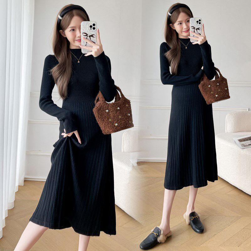 孕妇装春装时尚简约长袖针织连衣裙宽松显瘦怀孕裙子春季孕妇裙春