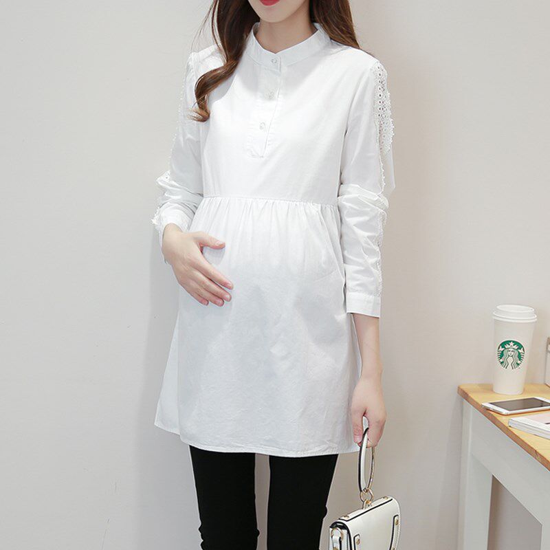 春装纯棉孕妇衬衫裙中长打底连衣裙子春秋时尚孕妇装衬衫裙子上衣