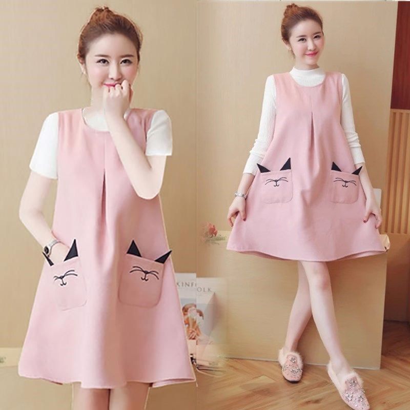 孕妇春夏装连衣裙两件套时尚宽松毛衣上衣背心裙两件套怀孕外穿裙