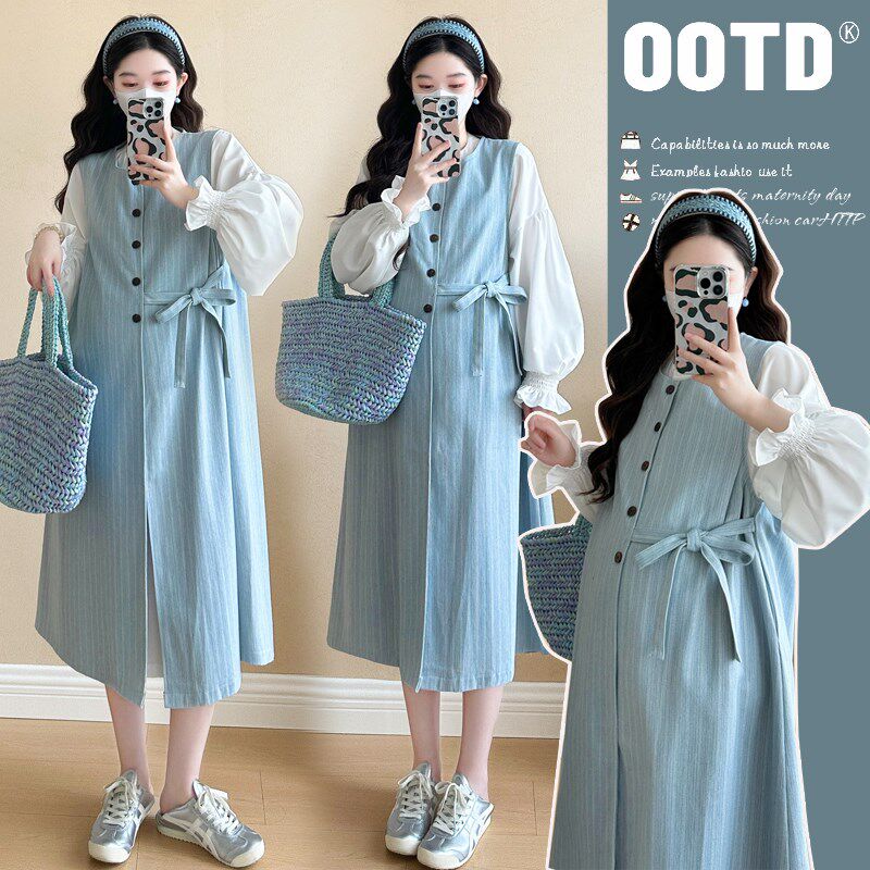 孕妇套装春装新款设计感系带宽松背心连衣裙长袖衬衫裙两件套春秋