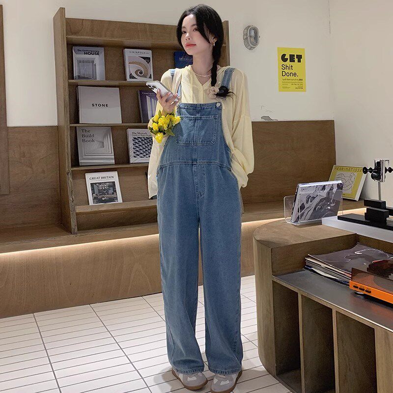 孕妇背带裤春秋款2025新款时尚牛仔背带裤套装小个子春装吊带裤