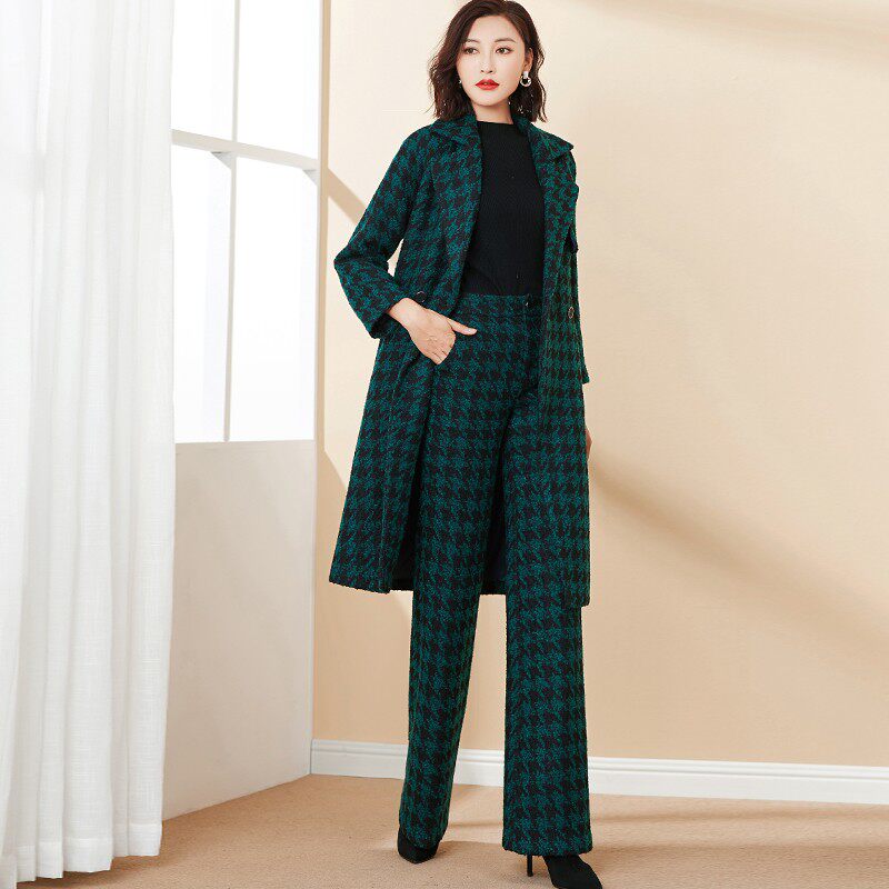 格子毛呢套装女秋冬2021年新款洋气时尚气质长款阔腿裤两件套冬季