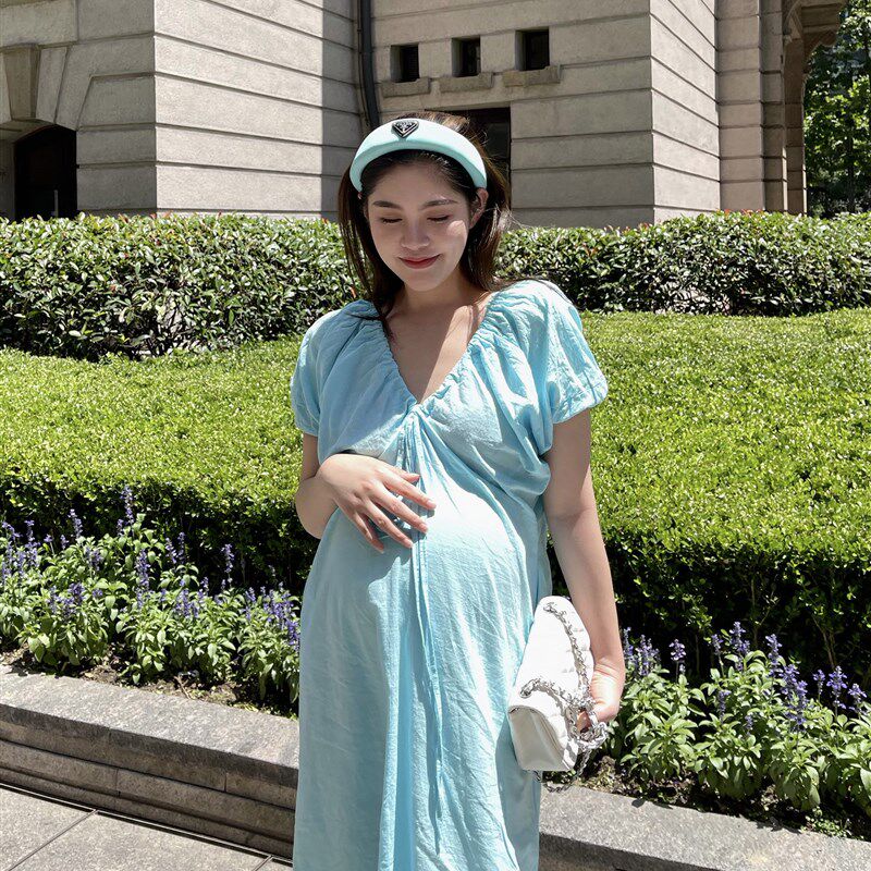 PEIPEI孕妇装 棉麻孕期宽松大码连衣裙V领夏装薄款喂奶哺乳期外出