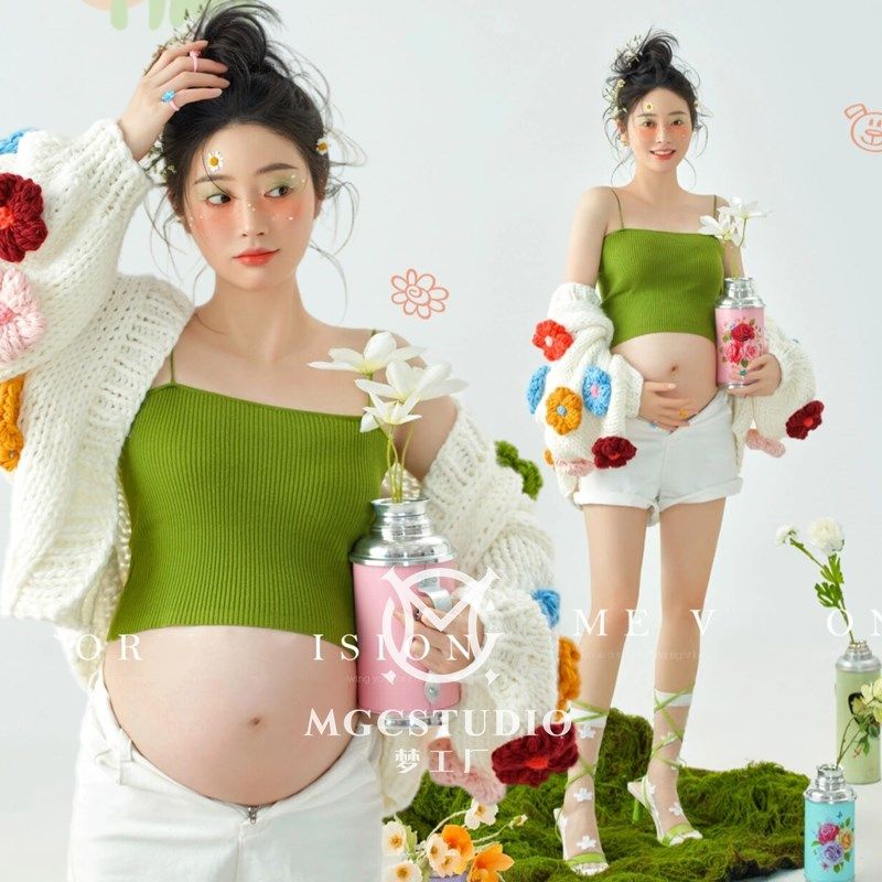 新款影楼孕妇拍照写真情侣孕妇照粗线毛衣可爱居家主题艺术照服装
