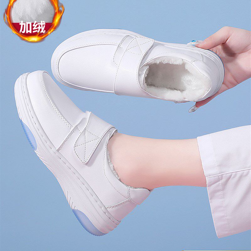 秋冬款护士鞋女软底透气舒适不臭脚防滑平底真皮学生白色加绒棉鞋