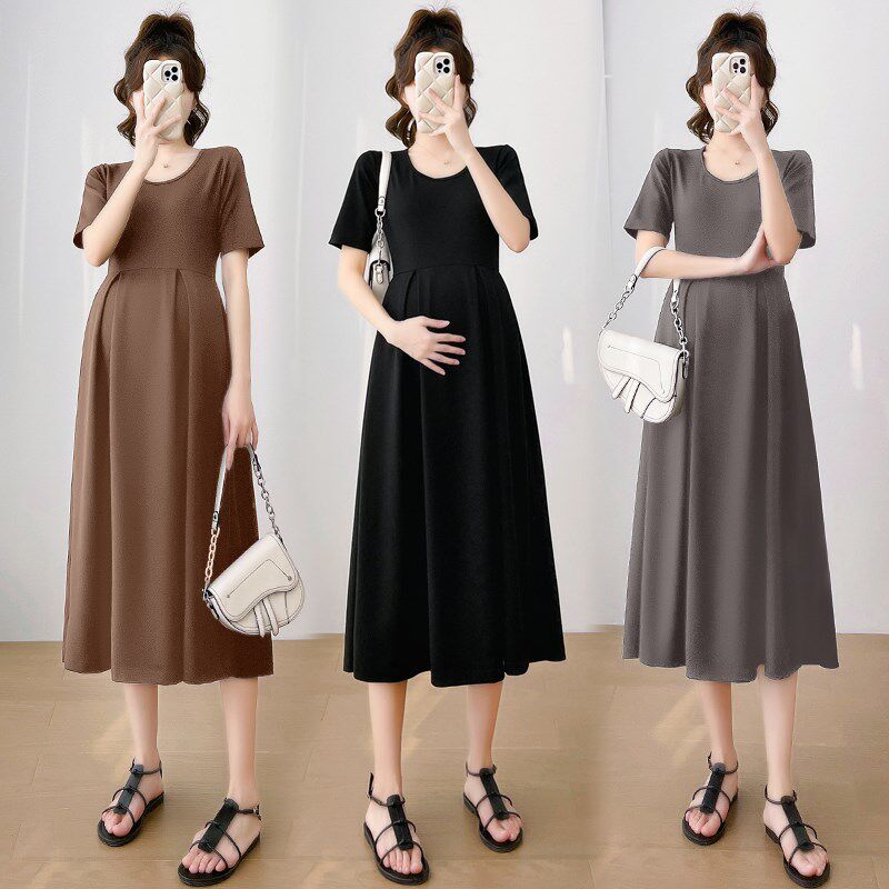 孕妇装韩版夏装连衣裙女时尚纯色纯棉圆领显瘦中长款气质夏天长裙