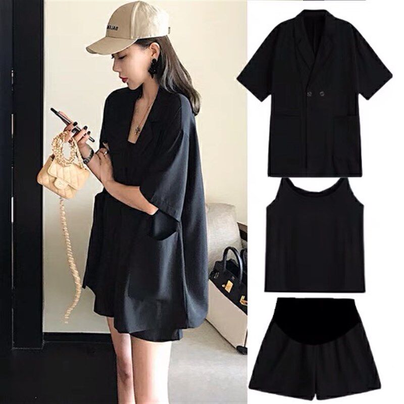 高级孕妇装夏套装时尚款2022年新款小个子夏天西装短裤网红三件套