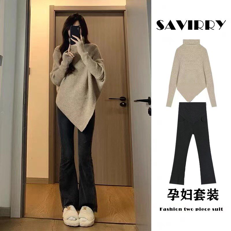 孕妇装秋装套装2023新款春秋季外出大码秋款时尚毛衣裤子两件套潮
