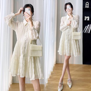 孕妇装春季法式网红时尚洋气小个子衬衣裙哺乳翻领长袖孕妇连衣裙