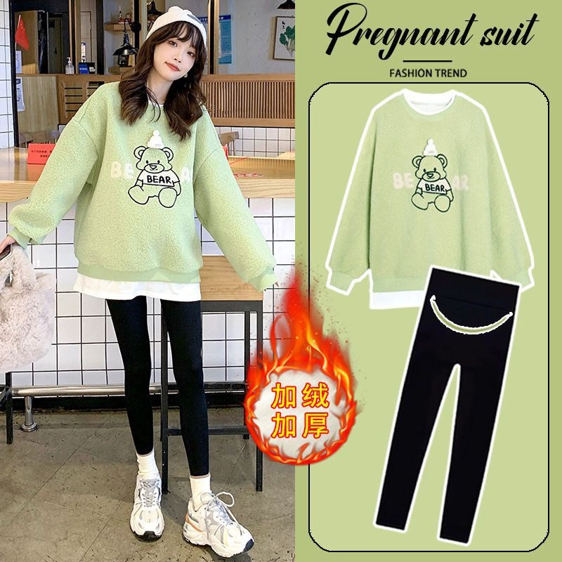 孕妇秋冬套装2023新款时尚加厚保暖上衣长袖孕晚期宽松卫衣两件套