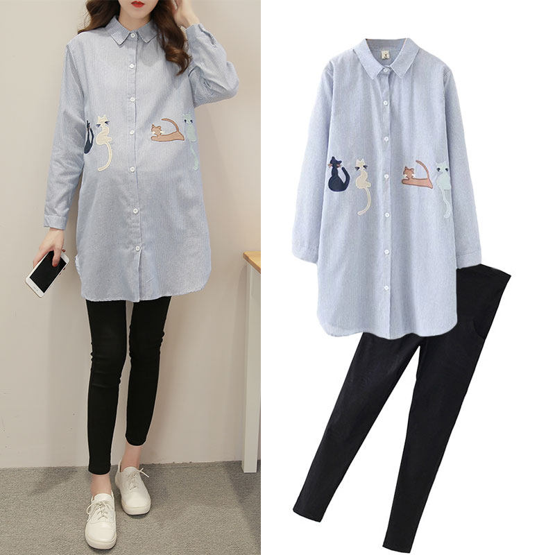 孕妇秋装上衣两件套条纹衬衫2021新款大码宽松春秋季新款时尚套装