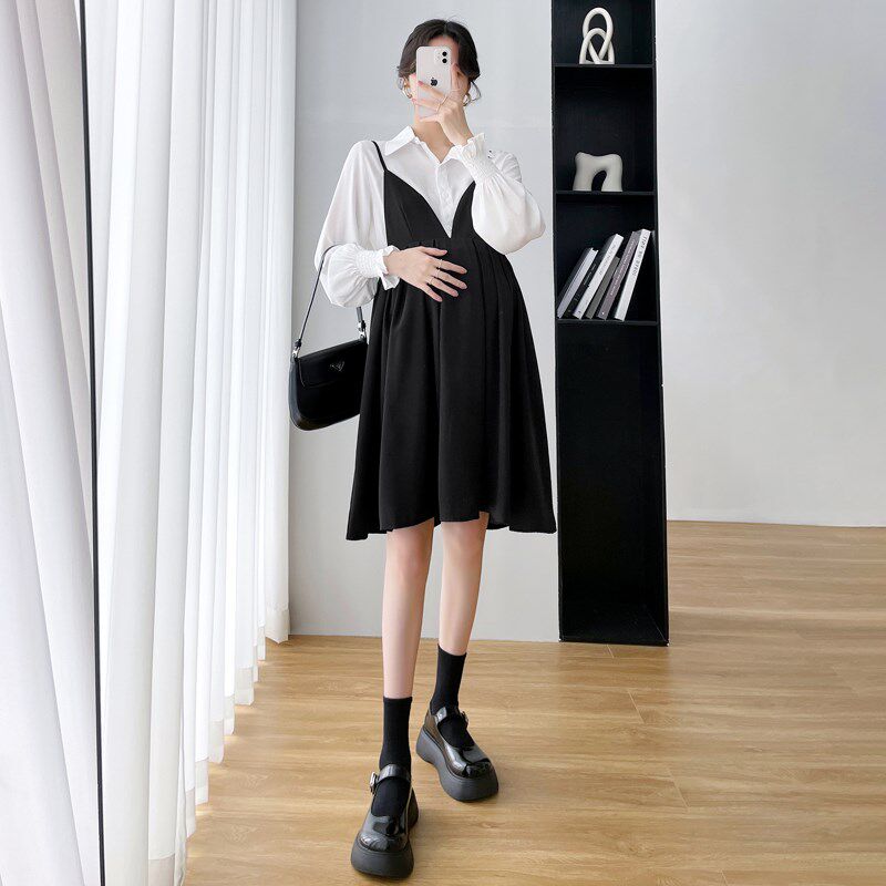 孕妇连衣裙秋季时尚背带吊带裙套装洋气两件套宽松显瘦小个子春秋