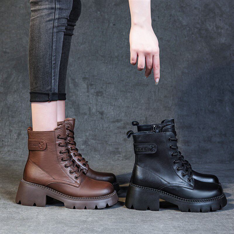 厚底马丁靴女2025新爆款春秋靴子英伦风真皮高跟小个子配裙子短靴