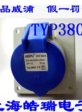 威浦 工业插头 插座 32A3芯暗装斜式插座 6H 220V 2P+E TYP3801