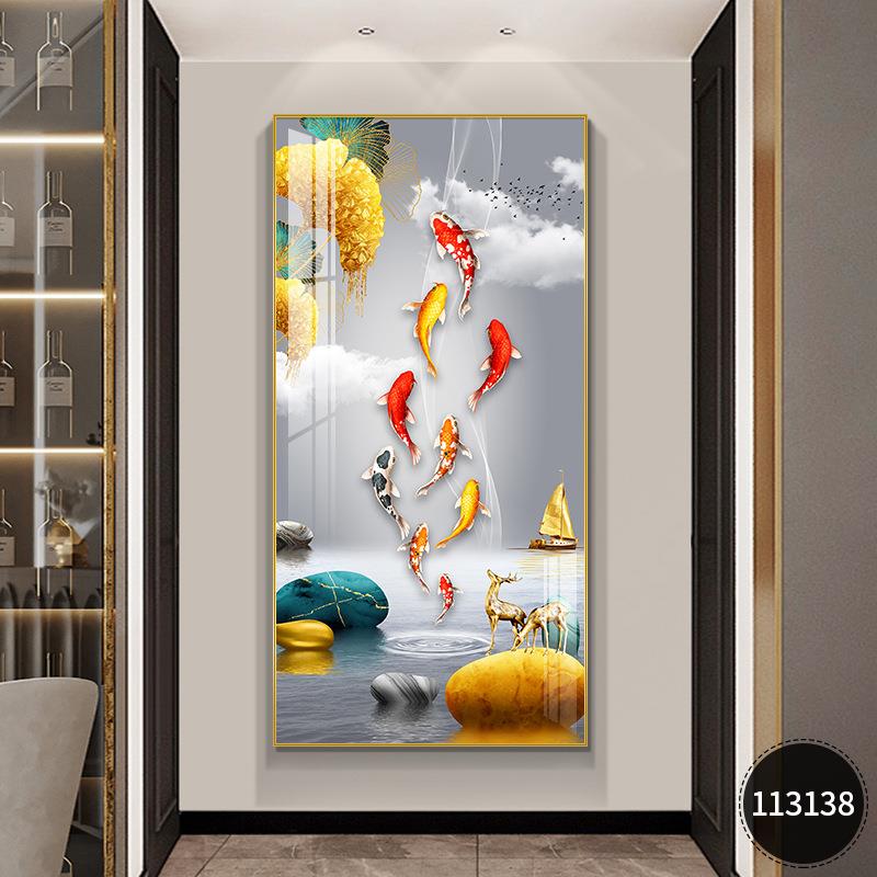现代简约入户玄关装饰画正对门走廊过道晶瓷挂画九鱼图寓意好壁画图片