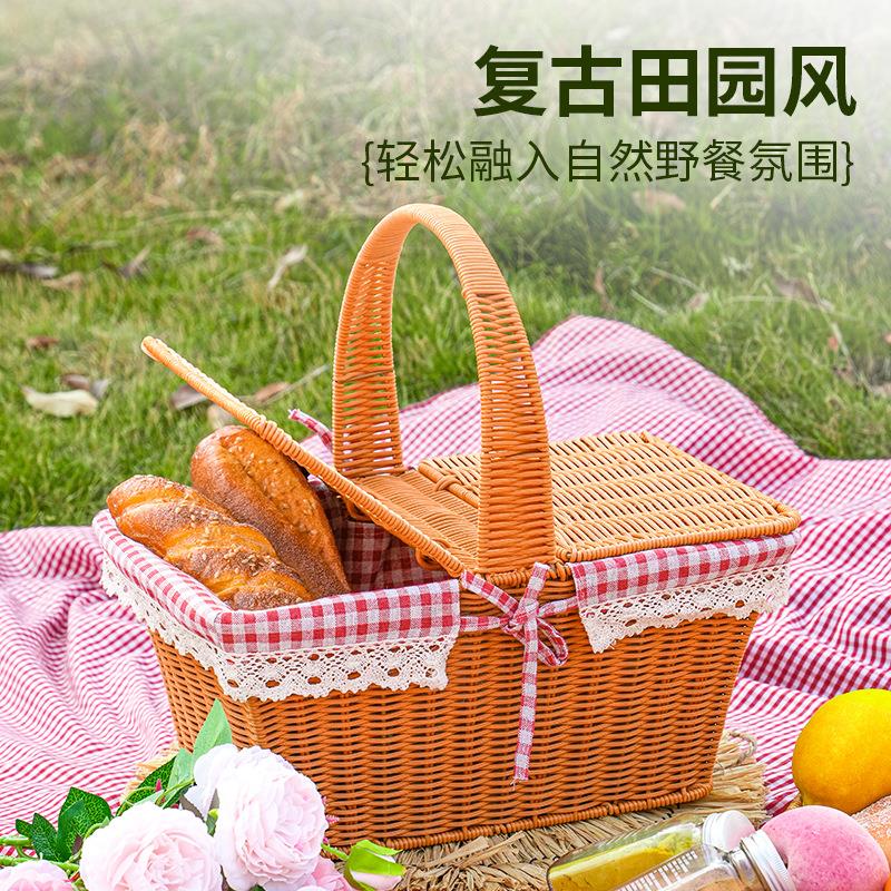 复古手提篮户外野餐篮子翻盖藤编收纳篮超市大容量蔬菜水果购物篮