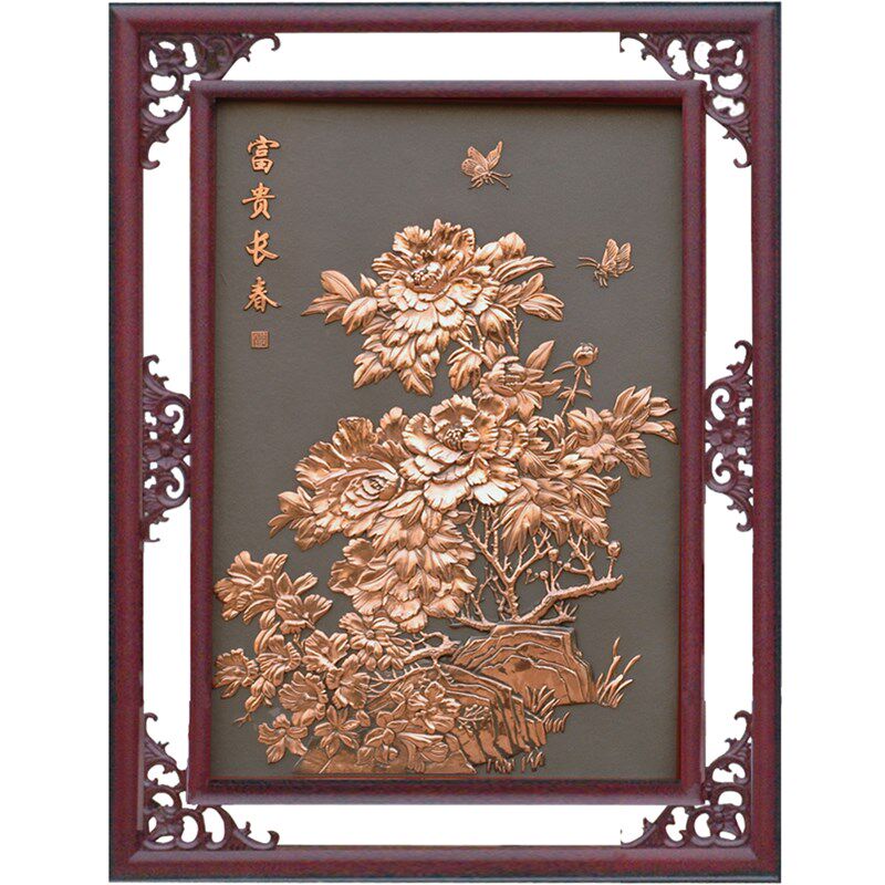 紫铜浮雕富贵长春中式客厅x书房松鹤图金属挂画装饰画祝寿礼品