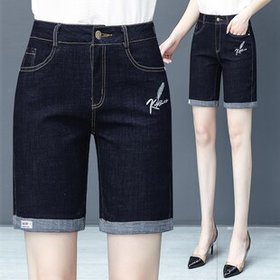 薄款 高腰弹力显瘦水洗直筒短裤 中年牛仔裤 五分裤 子 女新款 2024夏季