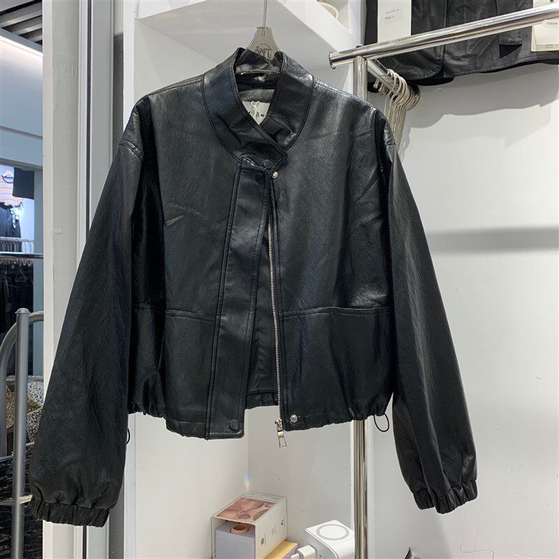 TR时尚6628韩系立领小众加绒短款PU皮衣外套女冬款宽松百搭上衣潮