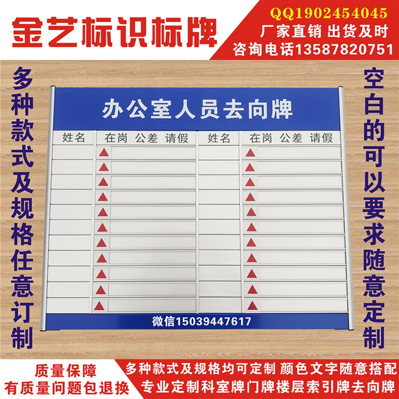 铝合金去向牌人员岗位指示牌公司状态栏值班表办公室向告知牌定制