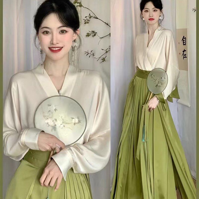 改良汉服女成人中国风日常现代装清雅绿色仙气长干寺百迭裙套装秋