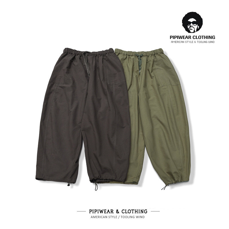 潮流松紧腰宽松吊档工装裤男束脚拉绳坠感阔腿裤直筒男九分裤男裤