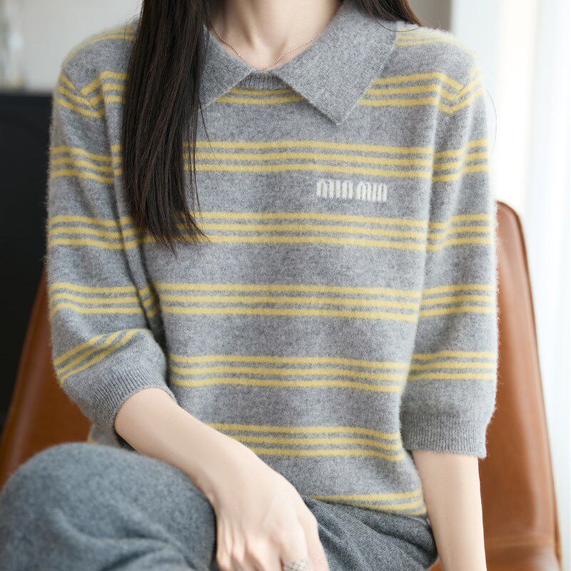 100%纯羊毛衫针织五分袖女翻领条纹拼色刺绣半袖宽松羊绒打底毛衣