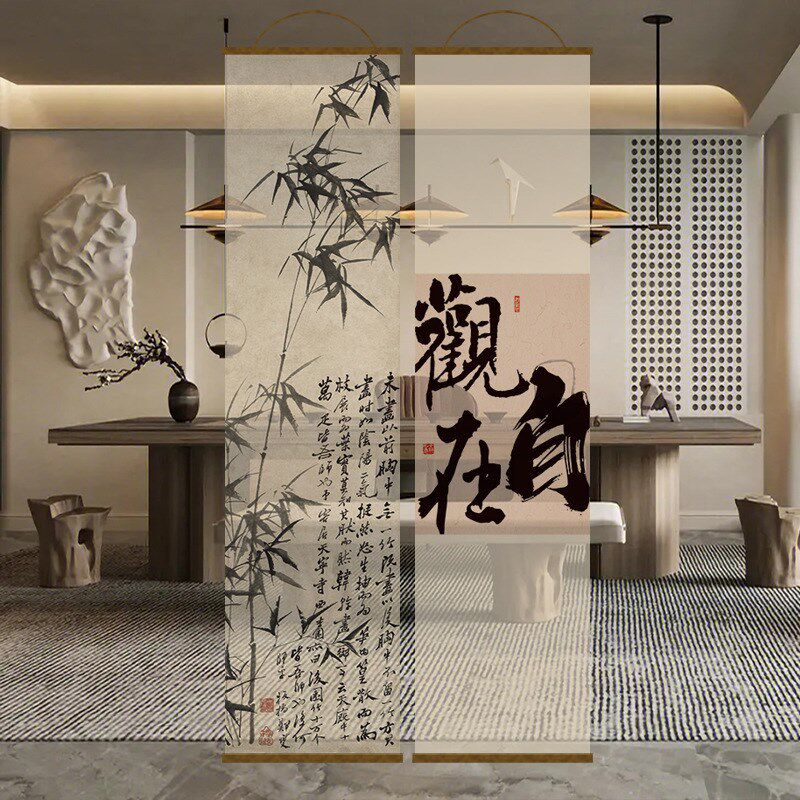 水墨竹双面透景屏风纱中式卷帘隔断帘挂I帘水墨窗帘纱帘透光小号