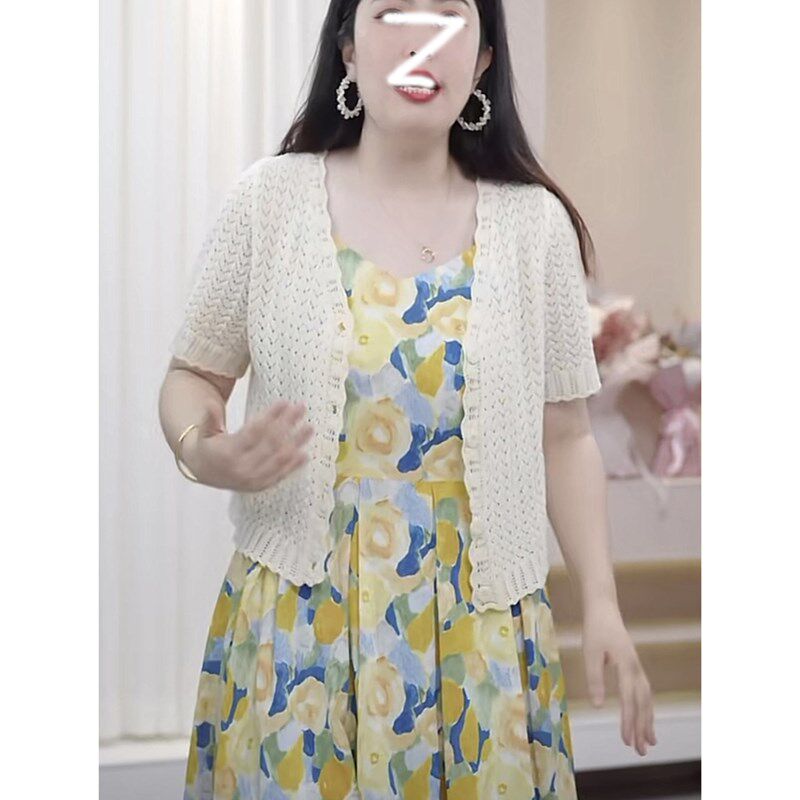 大码女装镂空短袖针织开衫女夏季胖mm薄款披肩外搭气质罩衫上衣