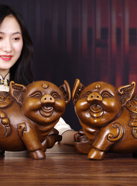 福猪摆件实木雕办公室招财猪生肖中式客厅装O饰工艺品乔迁新居礼