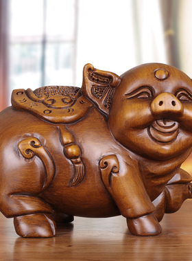 福猪摆件b实木雕办公室招财猪生肖中式客厅装饰工艺品乔迁新居礼