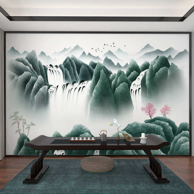 新中式影视墙壁纸意境水墨画电视背景F墙墙纸壁画书房茶室古典墙