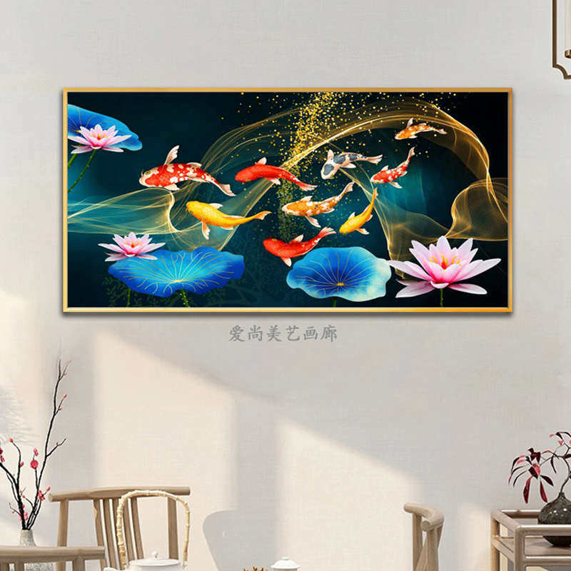 客厅横版九鱼图装饰画现代新中y式九鱼挂画餐厅卧室沙发背景墙壁