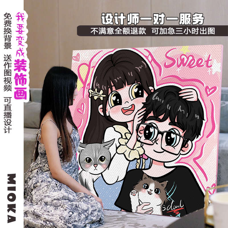 星蝶公主画定g制diy手绘装饰画生日新婚礼物情侣照片转卡通人像画
