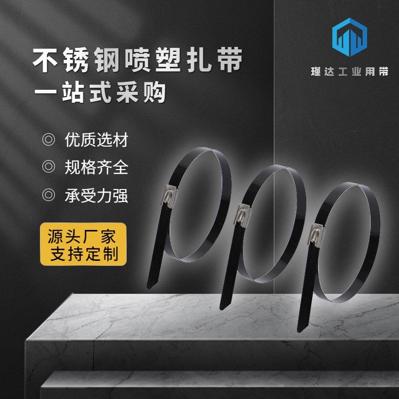黑色喷塑工业使用长款金属不锈钢304电线自锁式扎带卡扣捆绑固定