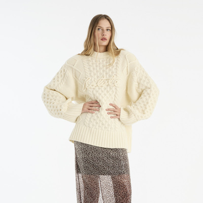 Rotate 美式复古圆领长袖羊毛混纺绞花字母针织衫毛衣