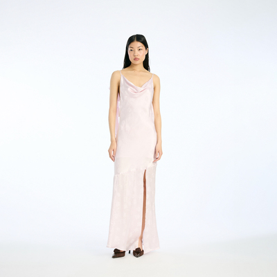 Rotate 法式荡领细肩带荷叶边提花印花前开衩吊带连衣裙