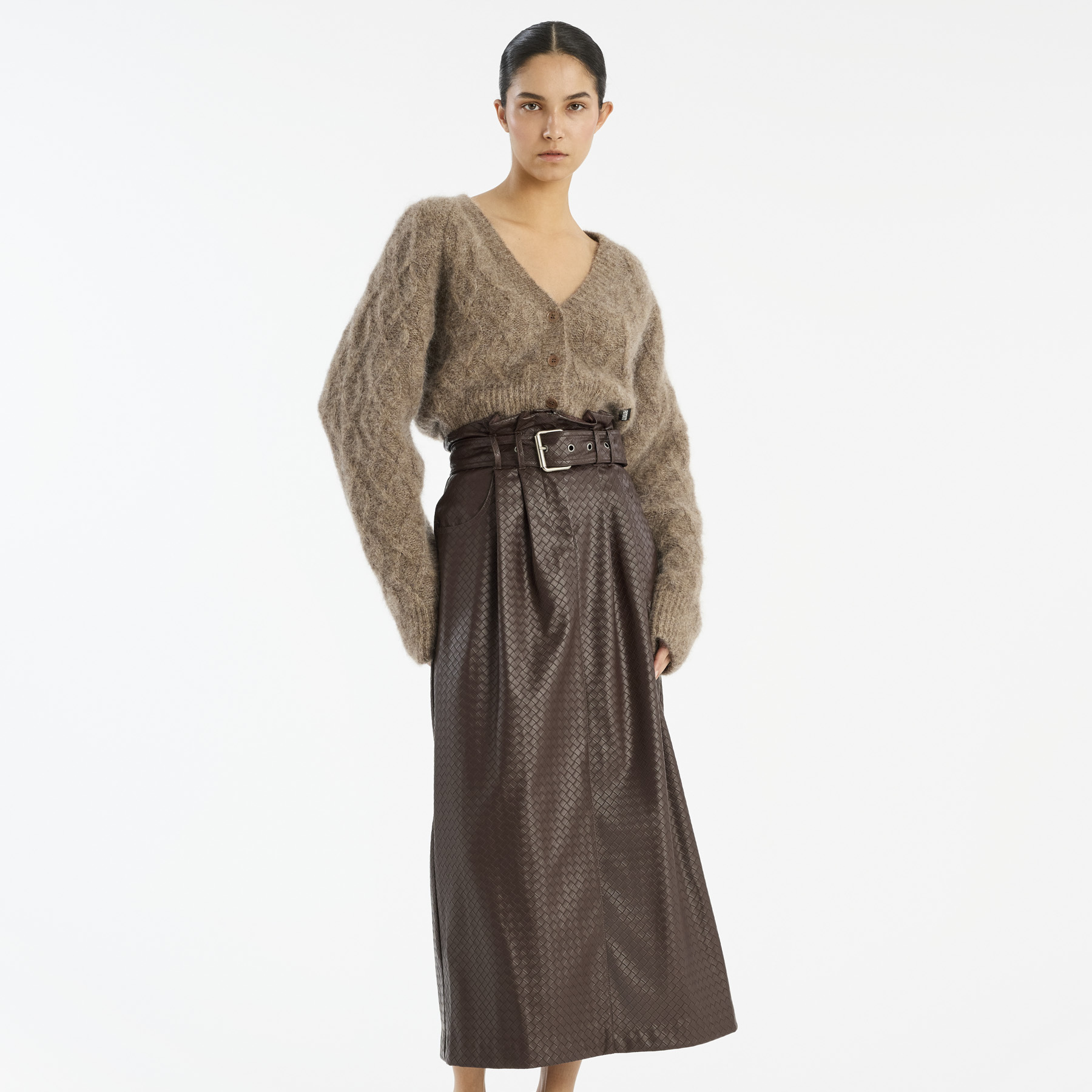 Rotate 深棕色编织感腰带纸袋腰边中长半身裙 Midi