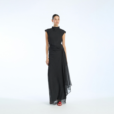 Rotate 圆领高领垂坠系带波点收腰领带侧片长裙连衣裙