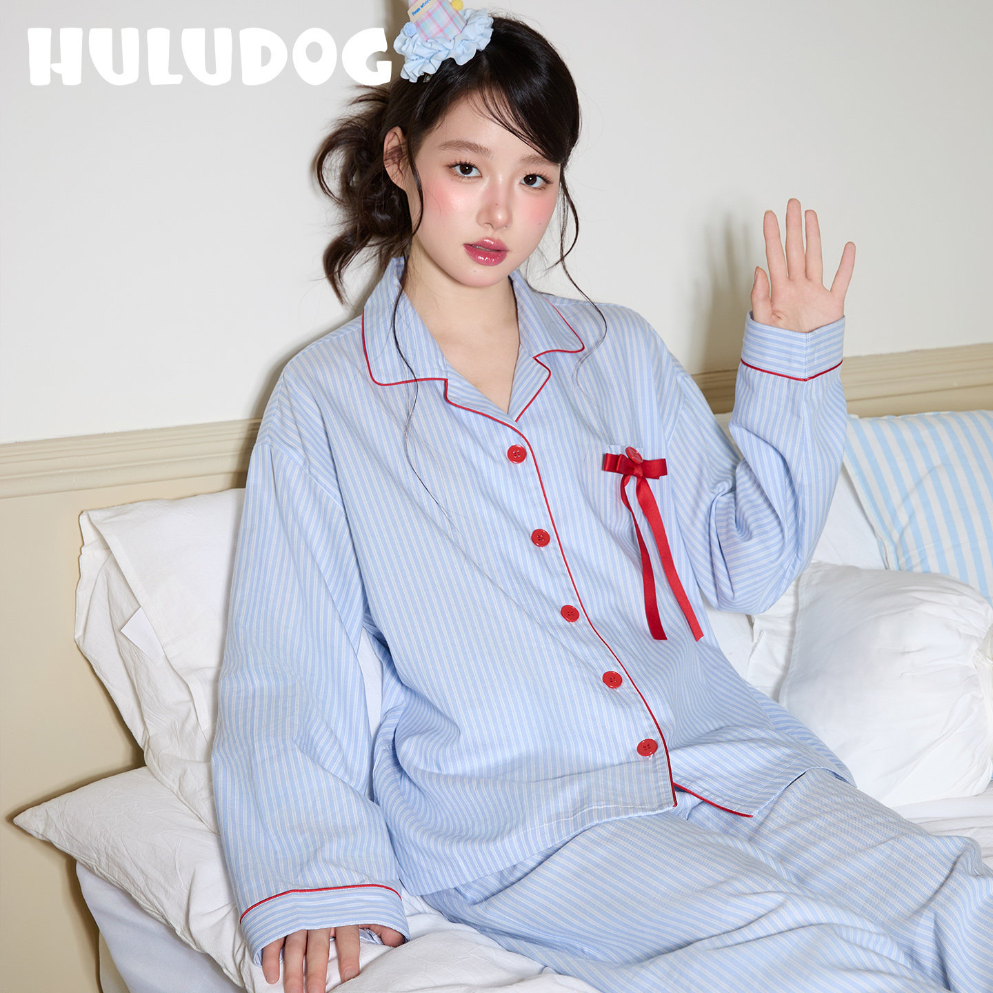 HULUDOG蓝色蝴蝶结可爱睡衣女天丝棉女款夏天长袖宽松家居服套装