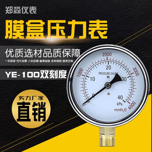 YE-100 双刻度压力表 膜盒压力表 微压力表 威卡式 MMH2O KPA