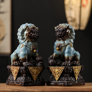 新中式陶瓷石狮子一对招财家居客厅玄关入户门口阳台镇宅摆件礼品