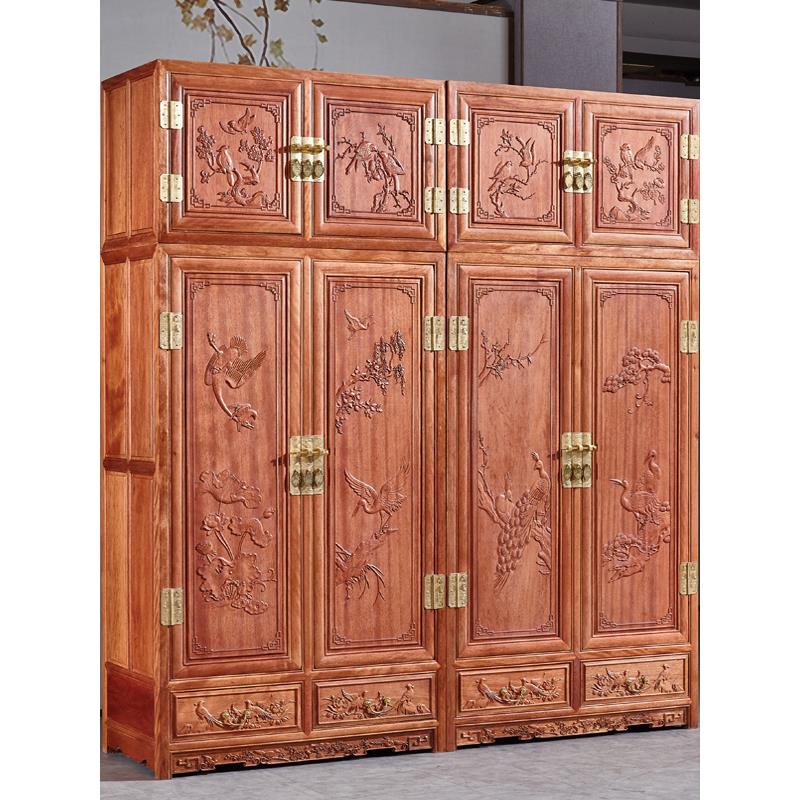新中式红木衣柜实木中式花梨木家具衣橱卧室四门古典雕花顶箱柜