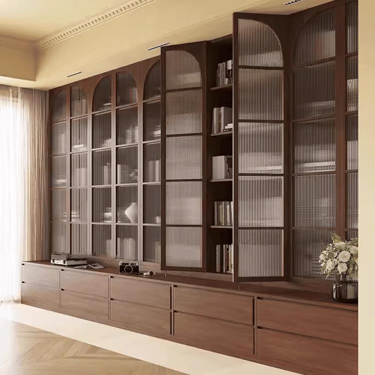 北美黑胡桃木满墙实木书柜樱桃木客厅组合落地书柜简约书柜定制