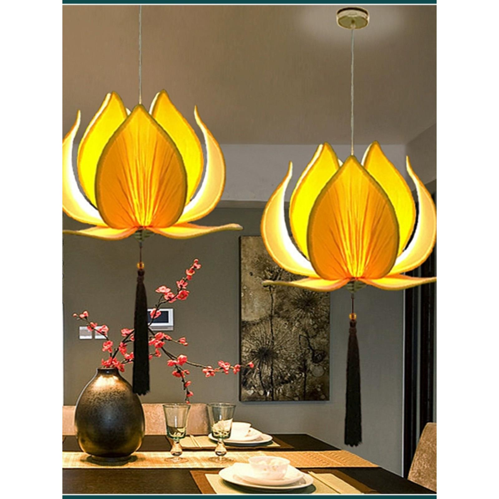 新中式莲花灯吊灯客厅布艺荷花灯笼茶室佛堂寺庙吊顶禅意装饰灯具